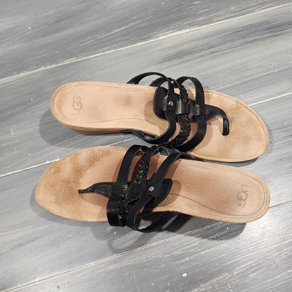 Ugg‎ Maddie Wedge Sandals Leather Cork Black Thongs Slip On Shoes Size 11 - Picture 9 of 11